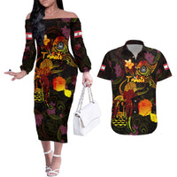 Tahiti French Polynesia Couples Matching Off The Shoulder Long Sleeve Dress and Hawaiian Shirt Octopus Plumeria Polynesian Tattoo