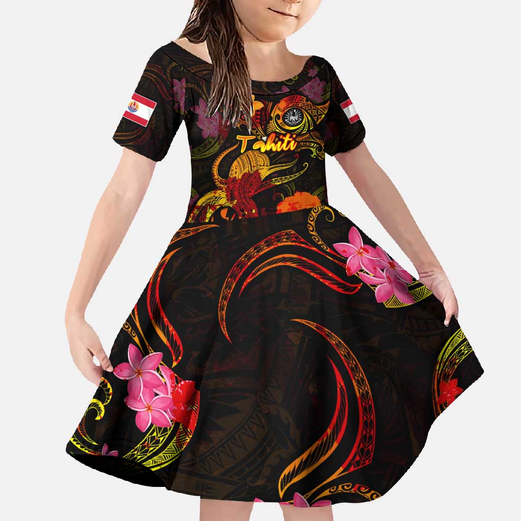 Tahiti French Polynesia Family Matching Mermaid Dress and Hawaiian Shirt Octopus Plumeria Polynesian Tattoo DT02 Daughter's Dress Black - Polynesian Pride