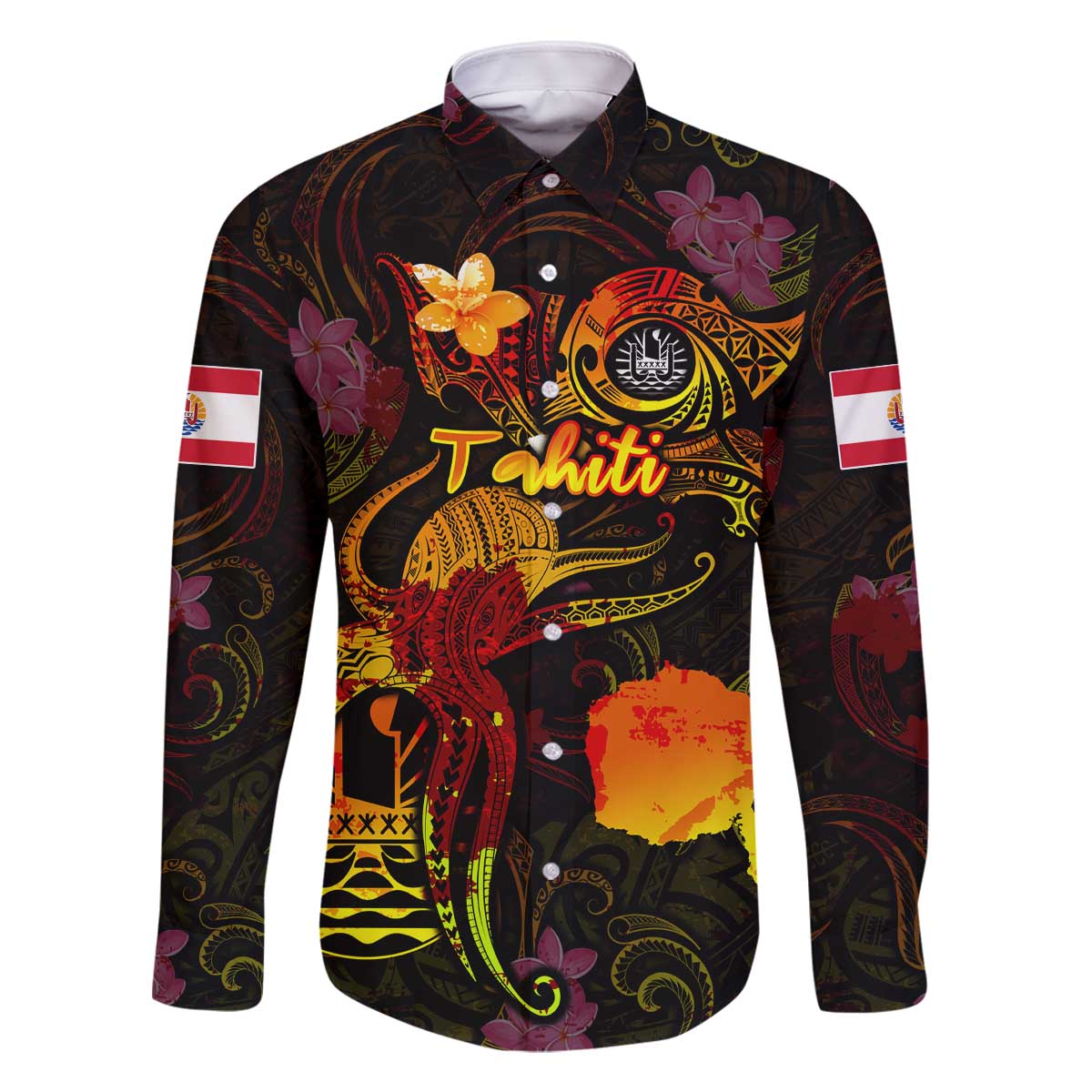 Tahiti French Polynesia Family Matching Off The Shoulder Long Sleeve Dress and Hawaiian Shirt Octopus Plumeria Polynesian Tattoo