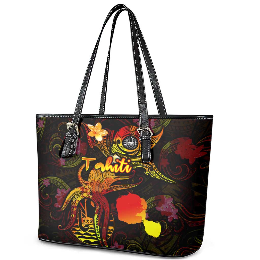 Tahiti French Polynesia Leather Tote Bag Octopus Plumeria Polynesian Tattoo