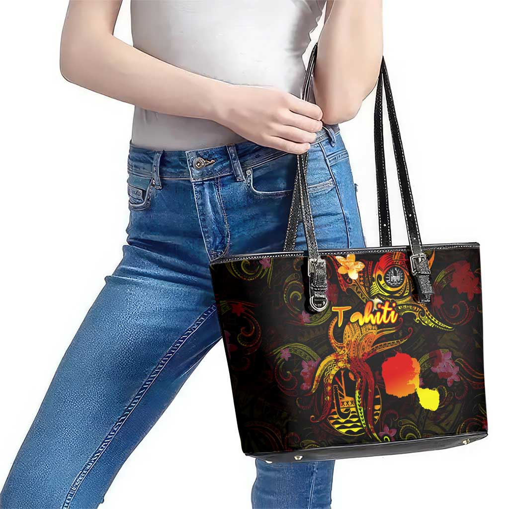 Tahiti French Polynesia Leather Tote Bag Octopus Plumeria Polynesian Tattoo