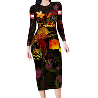 Tahiti French Polynesia Long Sleeve Bodycon Dress Octopus Plumeria Polynesian Tattoo