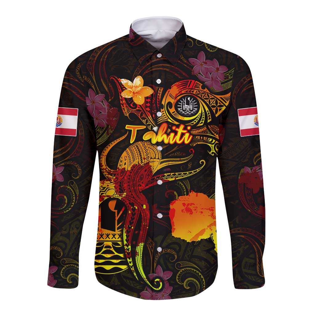 Tahiti French Polynesia Long Sleeve Button Shirt Octopus Plumeria Polynesian Tattoo