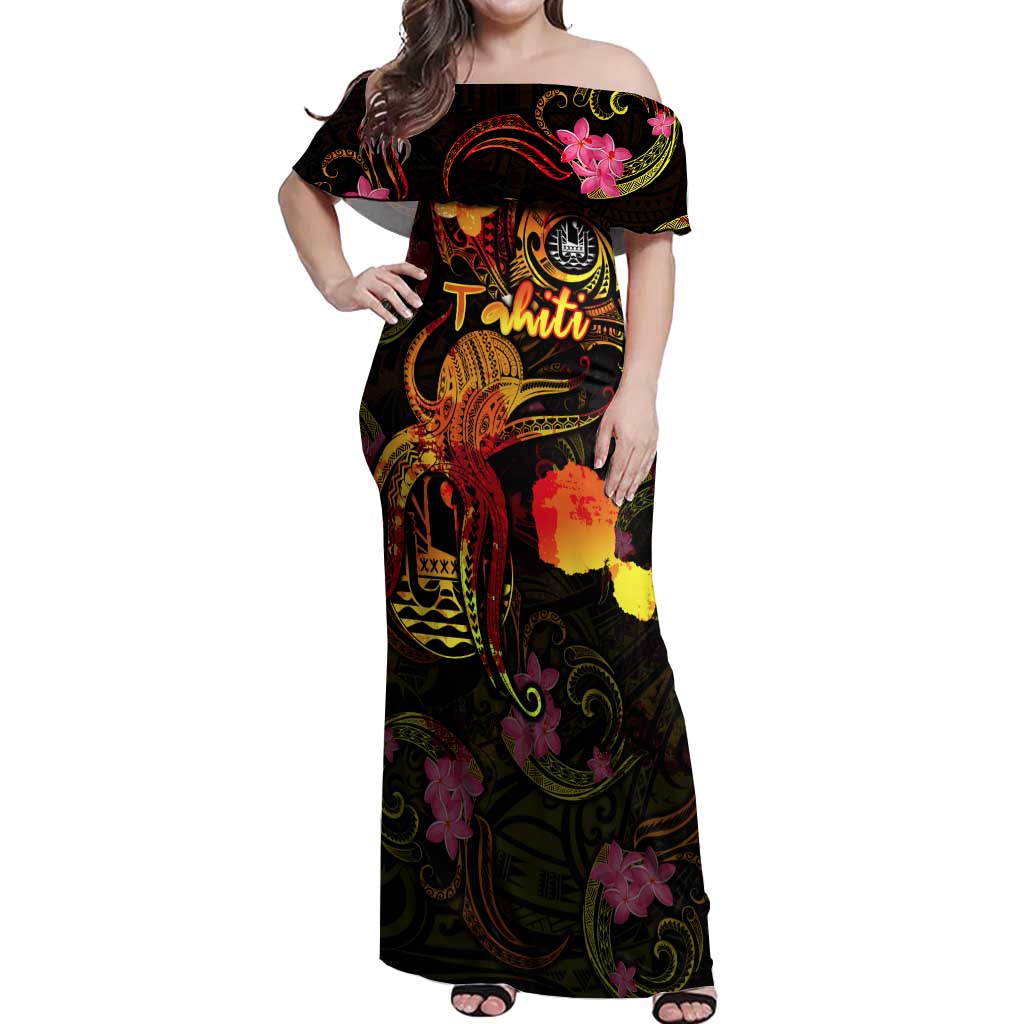 Tahiti French Polynesia Off Shoulder Maxi Dress Octopus Plumeria Polynesian Tattoo