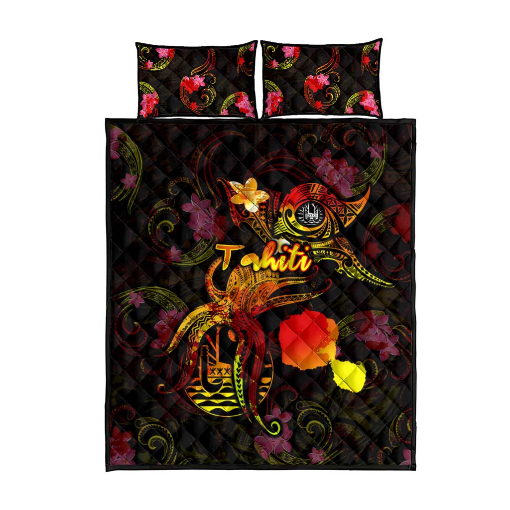 Tahiti French Polynesia Quilt Bed Set Octopus Plumeria Polynesian Tattoo