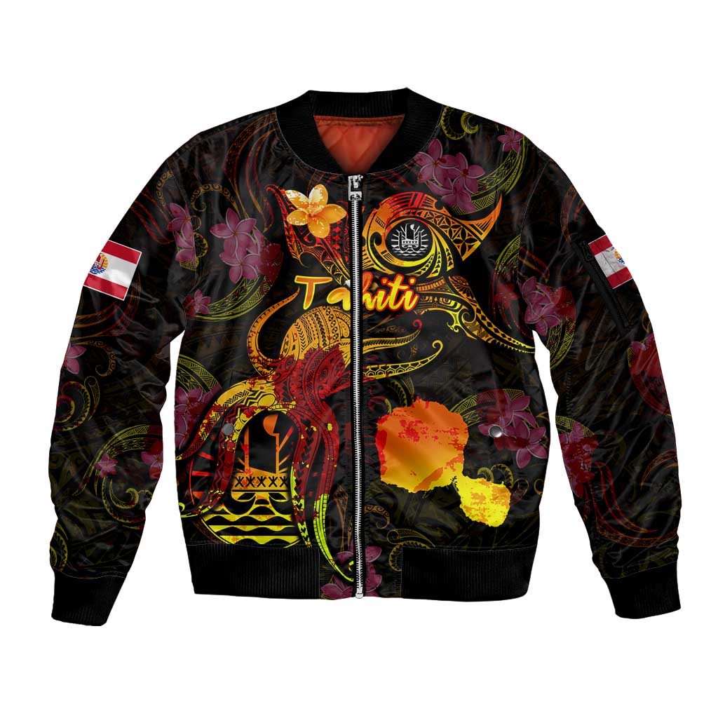 Tahiti French Polynesia Sleeve Zip Bomber Jacket Octopus Plumeria Polynesian Tattoo