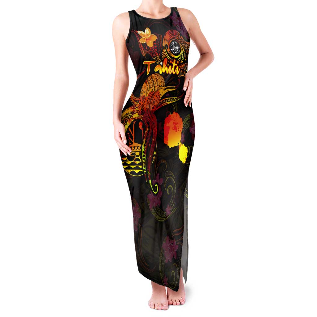 Tahiti French Polynesia Tank Maxi Dress Octopus Plumeria Polynesian Tattoo