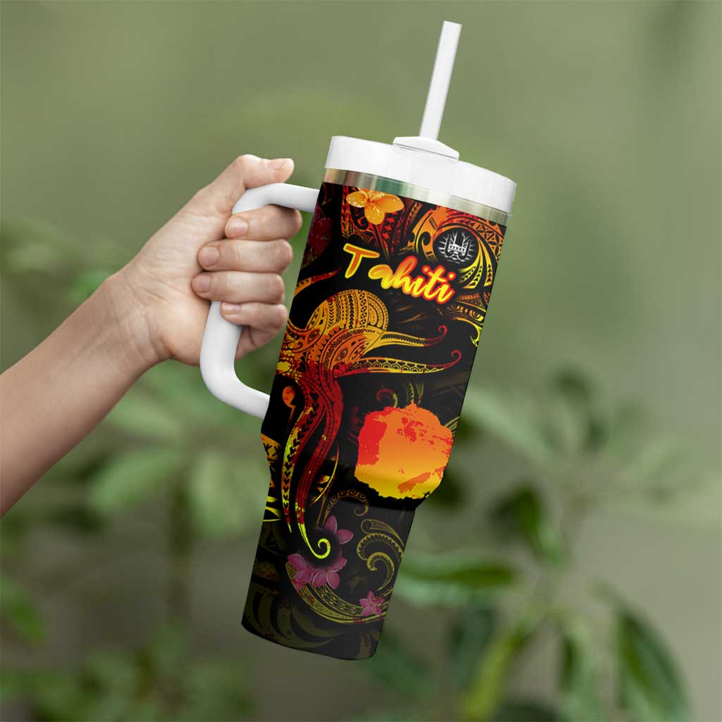 Tahiti French Polynesia Tumbler With Handle Octopus Plumeria Polynesian Tattoo