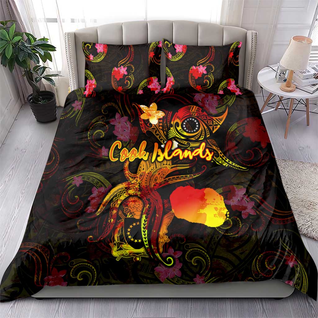 Cook Islands Bedding Set Octopus Plumeria Polynesian Tattoo