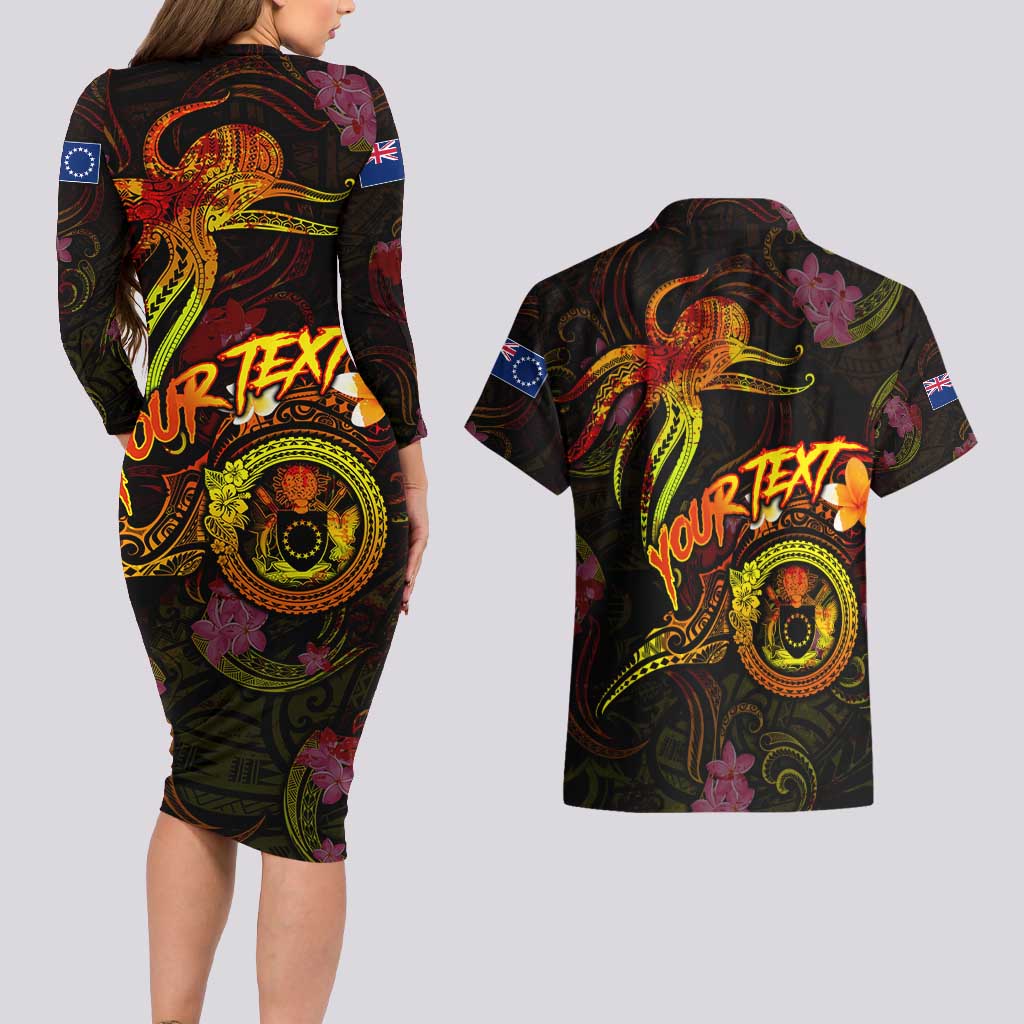 Cook Islands Couples Matching Long Sleeve Bodycon Dress and Hawaiian Shirt Octopus Plumeria Polynesian Tattoo