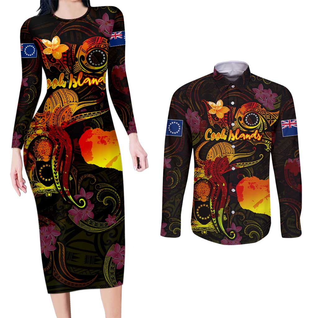 Cook Islands Couples Matching Long Sleeve Bodycon Dress and Long Sleeve Button Shirt Octopus Plumeria Polynesian Tattoo