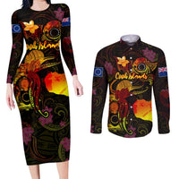Cook Islands Couples Matching Long Sleeve Bodycon Dress and Long Sleeve Button Shirt Octopus Plumeria Polynesian Tattoo
