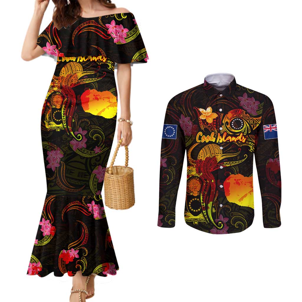 Cook Islands Couples Matching Mermaid Dress and Long Sleeve Button Shirt Octopus Plumeria Polynesian Tattoo