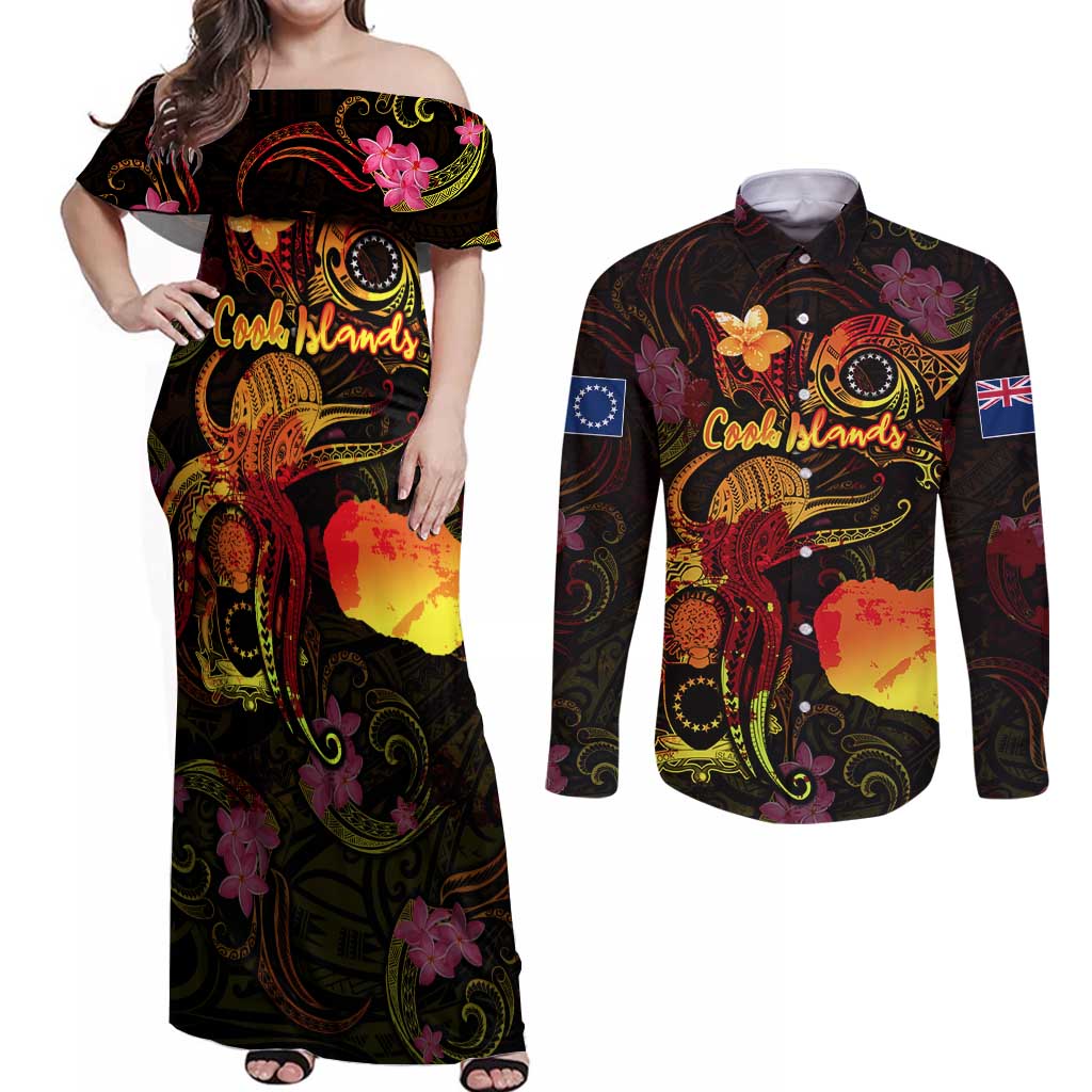 Cook Islands Couples Matching Off Shoulder Maxi Dress and Long Sleeve Button Shirt Octopus Plumeria Polynesian Tattoo
