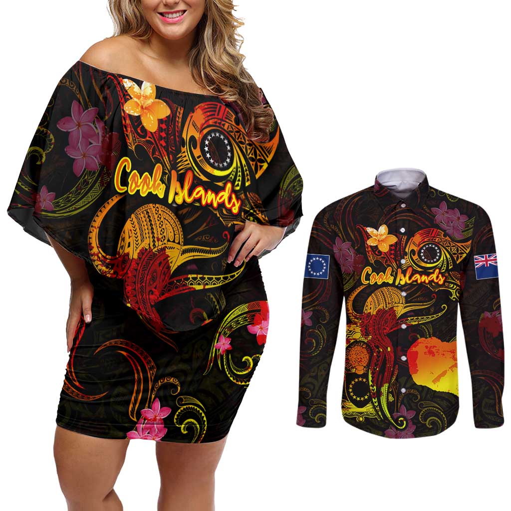 Cook Islands Couples Matching Off Shoulder Short Dress and Long Sleeve Button Shirt Octopus Plumeria Polynesian Tattoo
