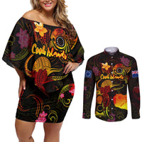 Cook Islands Couples Matching Off Shoulder Short Dress and Long Sleeve Button Shirt Octopus Plumeria Polynesian Tattoo