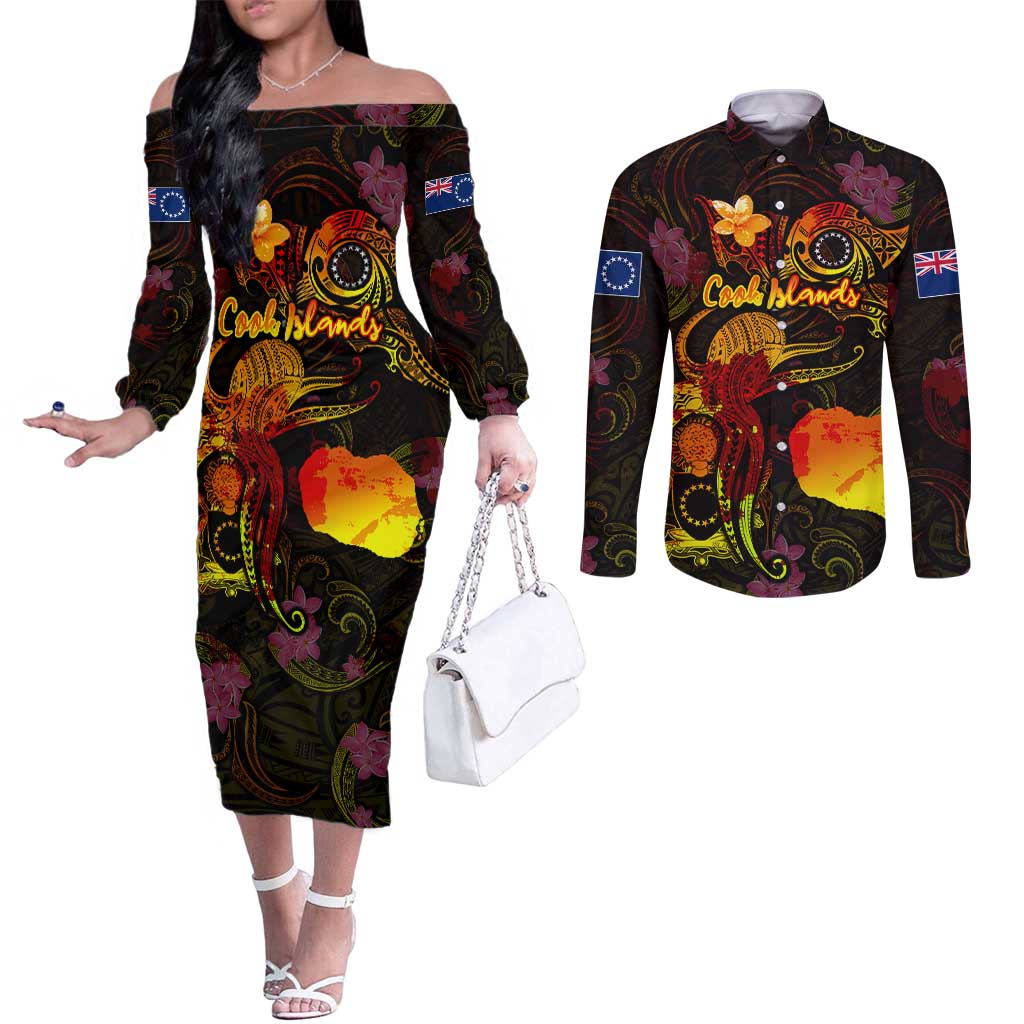 Cook Islands Couples Matching Off The Shoulder Long Sleeve Dress and Long Sleeve Button Shirt Octopus Plumeria Polynesian Tattoo