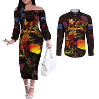 Cook Islands Couples Matching Off The Shoulder Long Sleeve Dress and Long Sleeve Button Shirt Octopus Plumeria Polynesian Tattoo