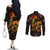Cook Islands Couples Matching Off The Shoulder Long Sleeve Dress and Long Sleeve Button Shirt Octopus Plumeria Polynesian Tattoo
