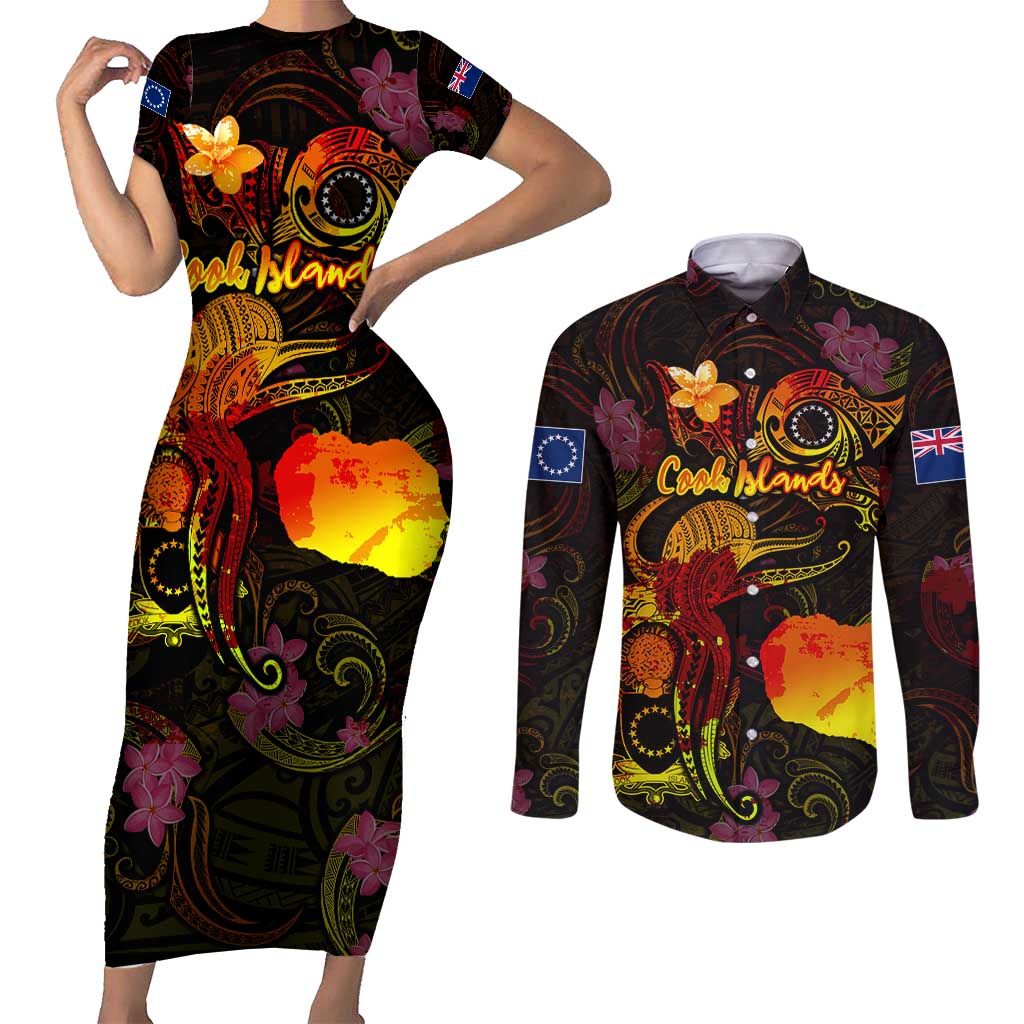 Cook Islands Couples Matching Short Sleeve Bodycon Dress and Long Sleeve Button Shirt Octopus Plumeria Polynesian Tattoo
