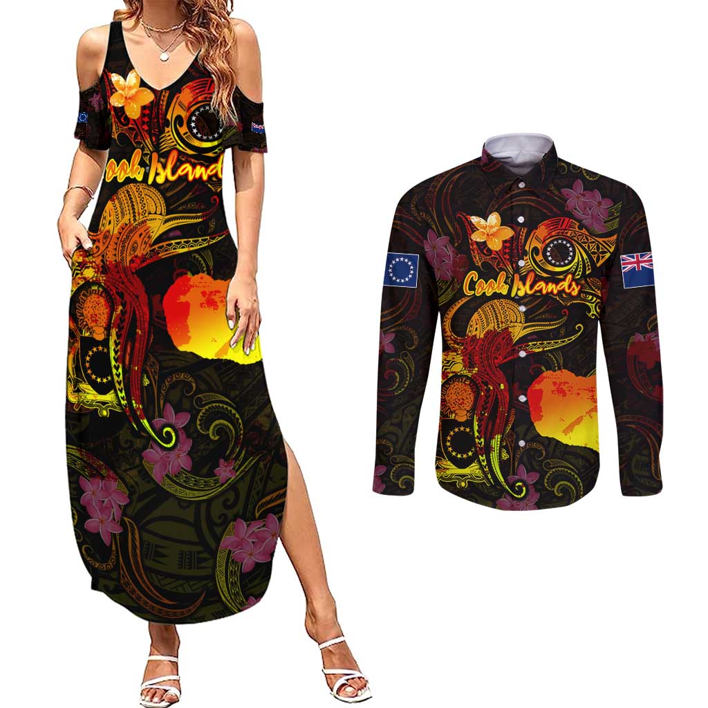 Cook Islands Couples Matching Summer Maxi Dress and Long Sleeve Button Shirt Octopus Plumeria Polynesian Tattoo