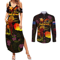 Cook Islands Couples Matching Summer Maxi Dress and Long Sleeve Button Shirt Octopus Plumeria Polynesian Tattoo