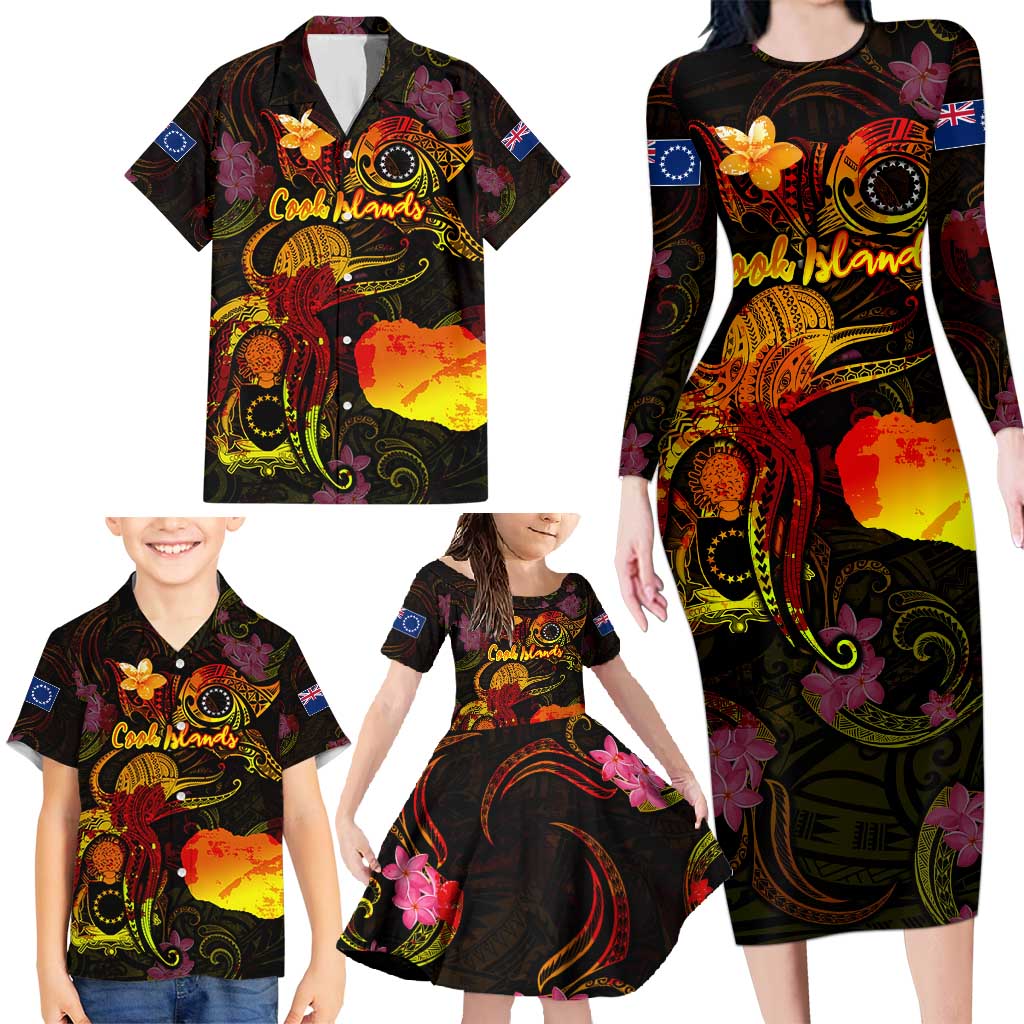 Cook Islands Family Matching Long Sleeve Bodycon Dress and Hawaiian Shirt Octopus Plumeria Polynesian Tattoo