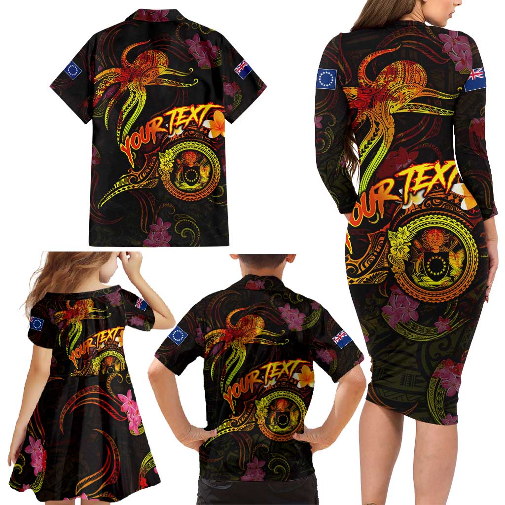 Cook Islands Family Matching Long Sleeve Bodycon Dress and Hawaiian Shirt Octopus Plumeria Polynesian Tattoo