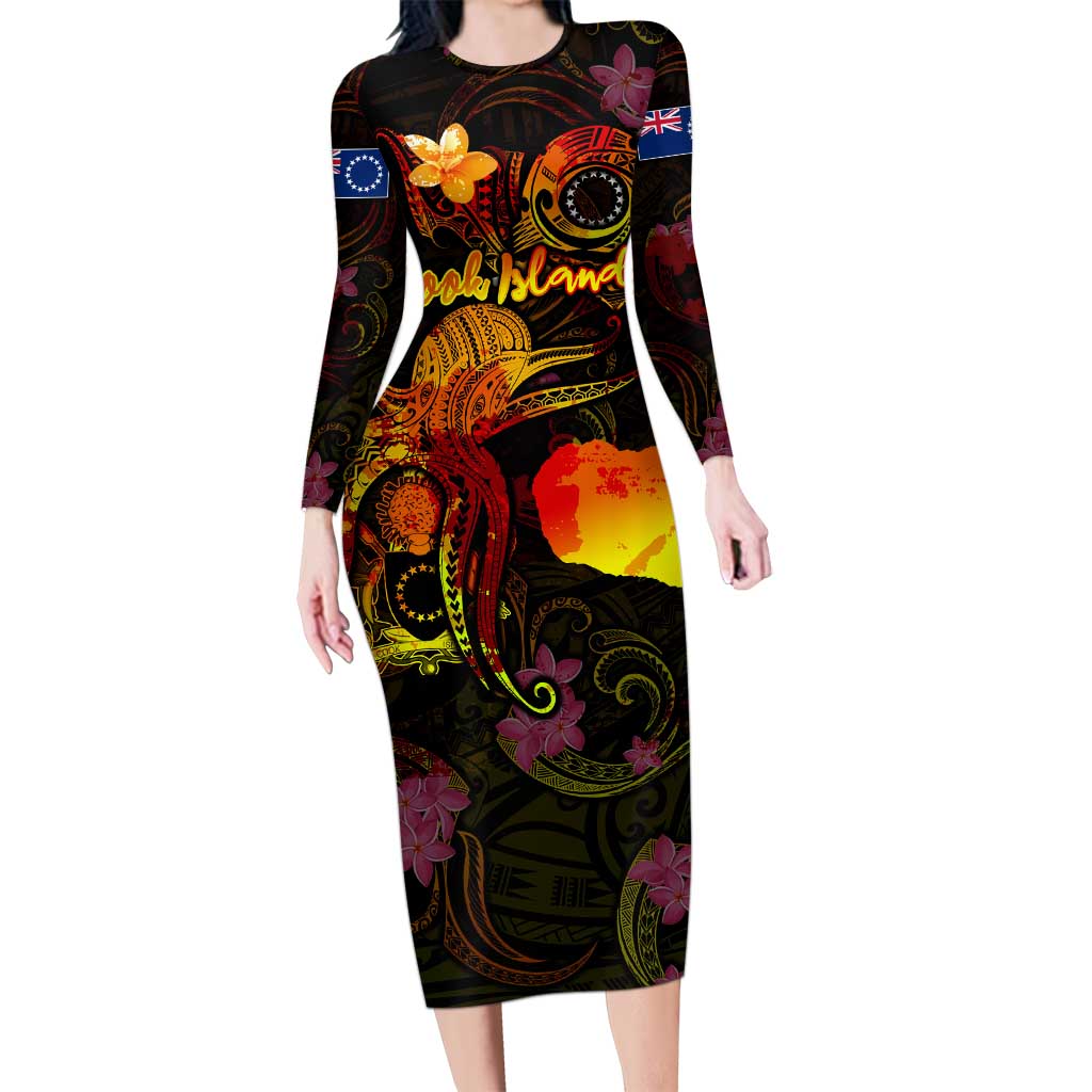 Cook Islands Family Matching Long Sleeve Bodycon Dress and Hawaiian Shirt Octopus Plumeria Polynesian Tattoo