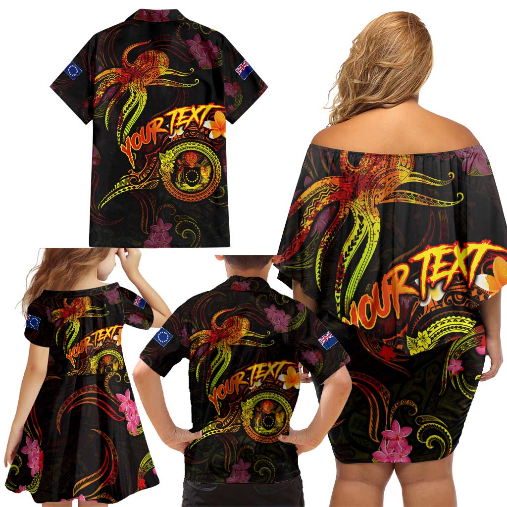 Cook Islands Family Matching Off Shoulder Short Dress and Hawaiian Shirt Octopus Plumeria Polynesian Tattoo