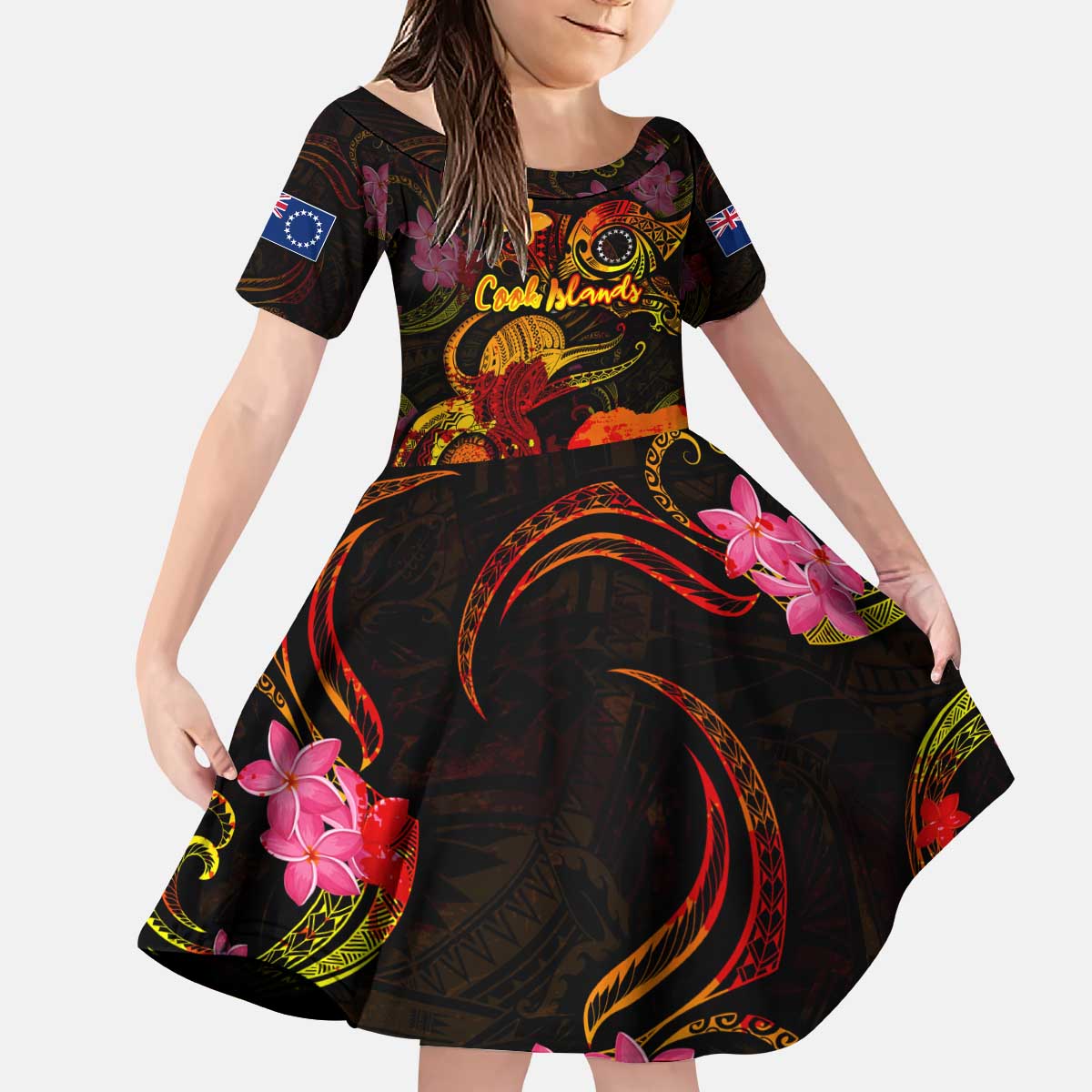 Cook Islands Kid Short Sleeve Dress Octopus Plumeria Polynesian Tattoo