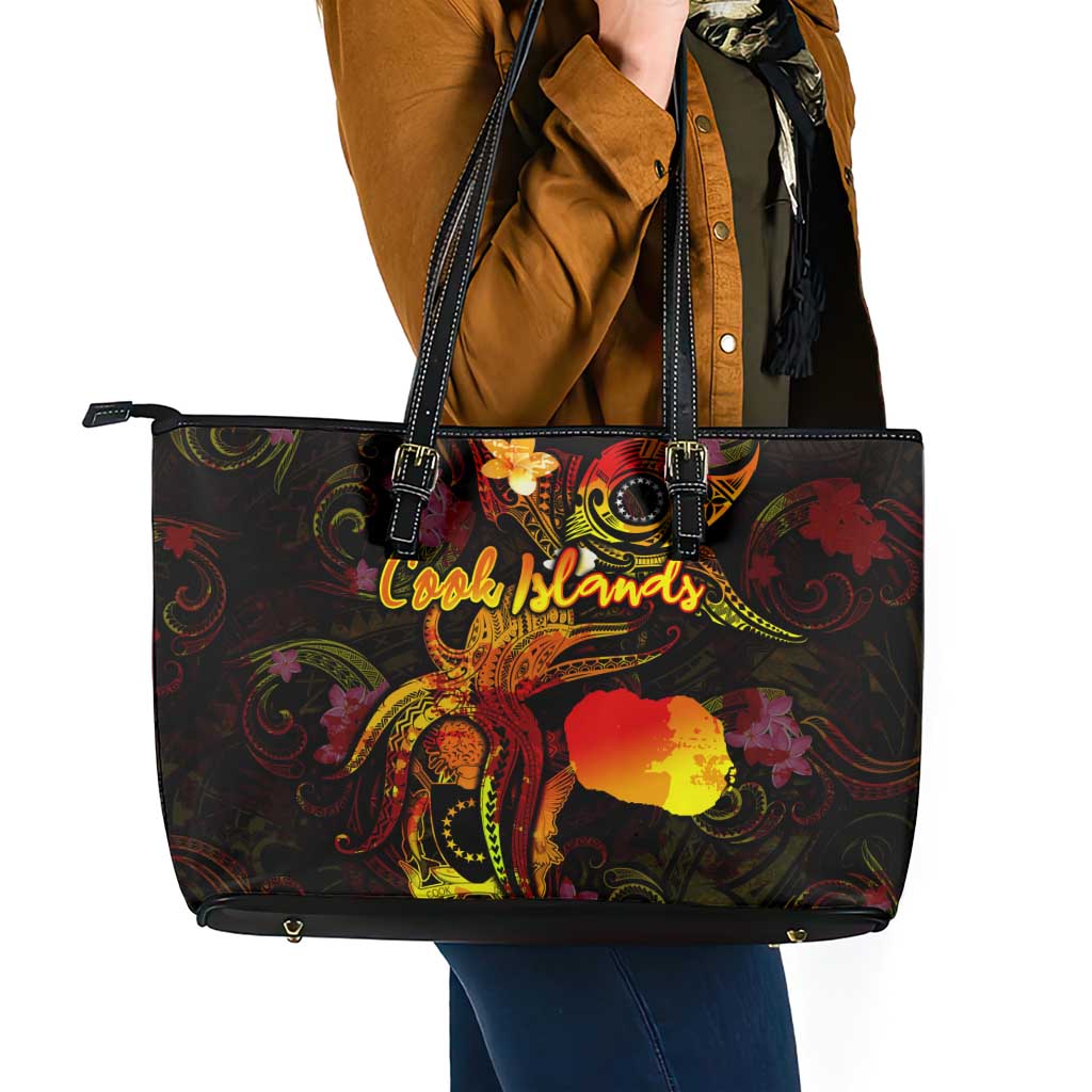 Cook Islands Leather Tote Bag Octopus Plumeria Polynesian Tattoo