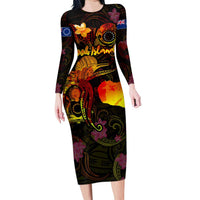 Cook Islands Long Sleeve Bodycon Dress Octopus Plumeria Polynesian Tattoo