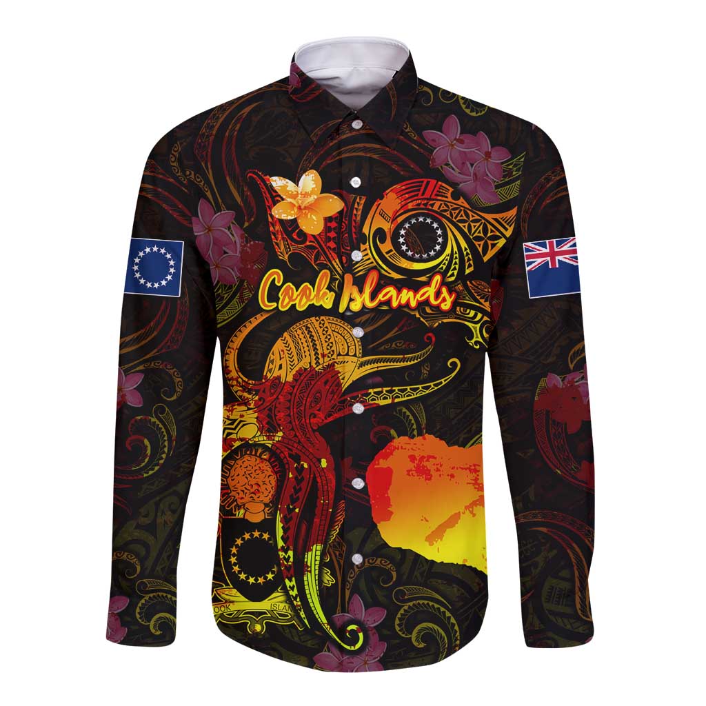 Cook Islands Long Sleeve Button Shirt Octopus Plumeria Polynesian Tattoo