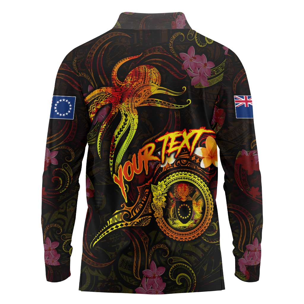 Cook Islands Long Sleeve Polo Shirt Octopus Plumeria Polynesian Tattoo