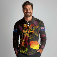 Cook Islands Long Sleeve Polo Shirt Octopus Plumeria Polynesian Tattoo