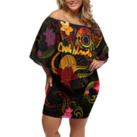 Cook Islands Off Shoulder Short Dress Octopus Plumeria Polynesian Tattoo