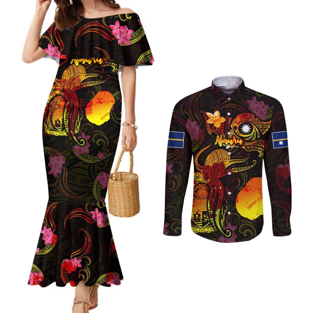 Nauru Couples Matching Mermaid Dress and Long Sleeve Button Shirt Octopus Plumeria Polynesian Tattoo DT02 Black - Polynesian Pride