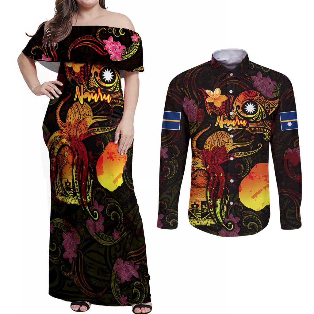 Nauru Couples Matching Off Shoulder Maxi Dress and Long Sleeve Button Shirt Octopus Plumeria Polynesian Tattoo DT02 Black - Polynesian Pride
