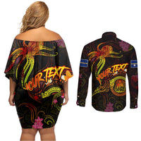 Nauru Couples Matching Off Shoulder Short Dress and Long Sleeve Button Shirt Octopus Plumeria Polynesian Tattoo