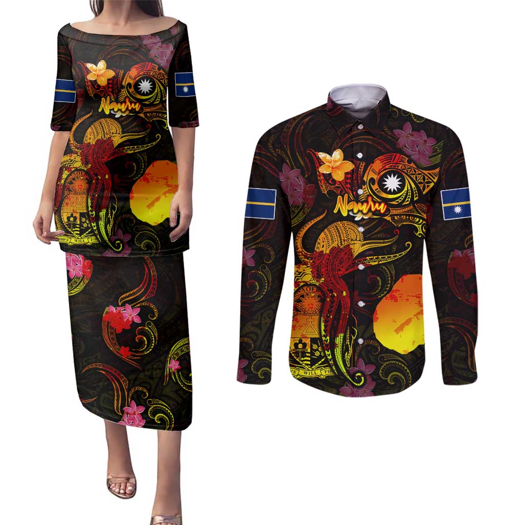 Nauru Couples Matching Puletasi and Long Sleeve Button Shirt Octopus Plumeria Polynesian Tattoo DT02 Black - Polynesian Pride