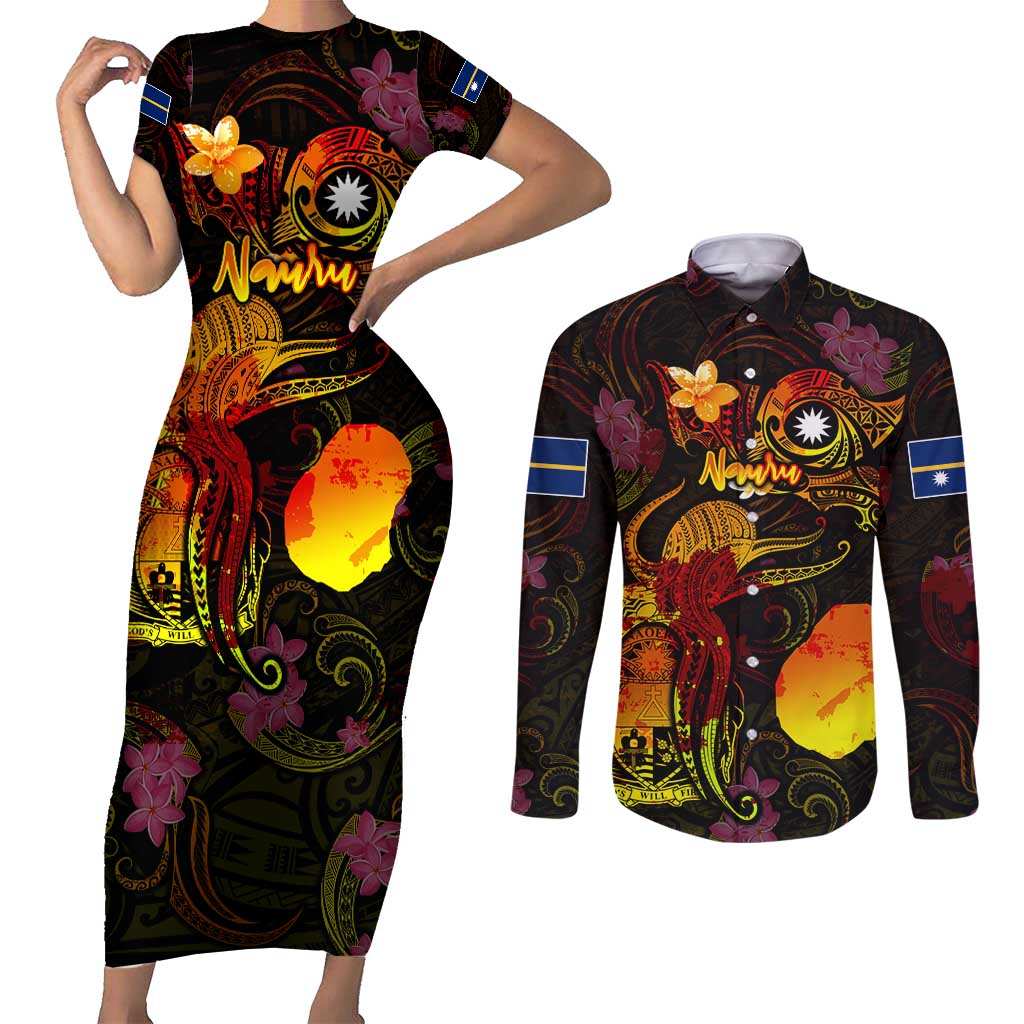 Nauru Couples Matching Short Sleeve Bodycon Dress and Long Sleeve Button Shirt Octopus Plumeria Polynesian Tattoo