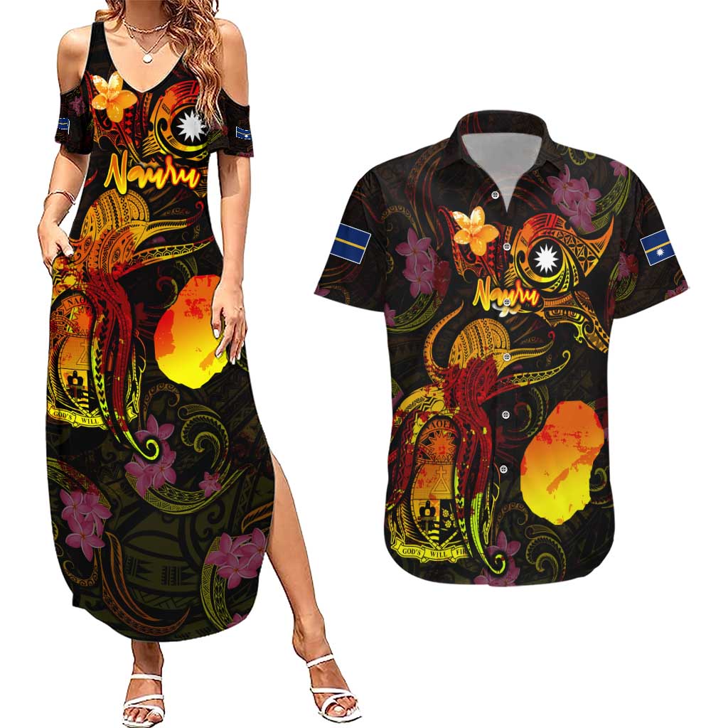 Nauru Couples Matching Summer Maxi Dress and Hawaiian Shirt Octopus Plumeria Polynesian Tattoo DT02 Black - Polynesian Pride