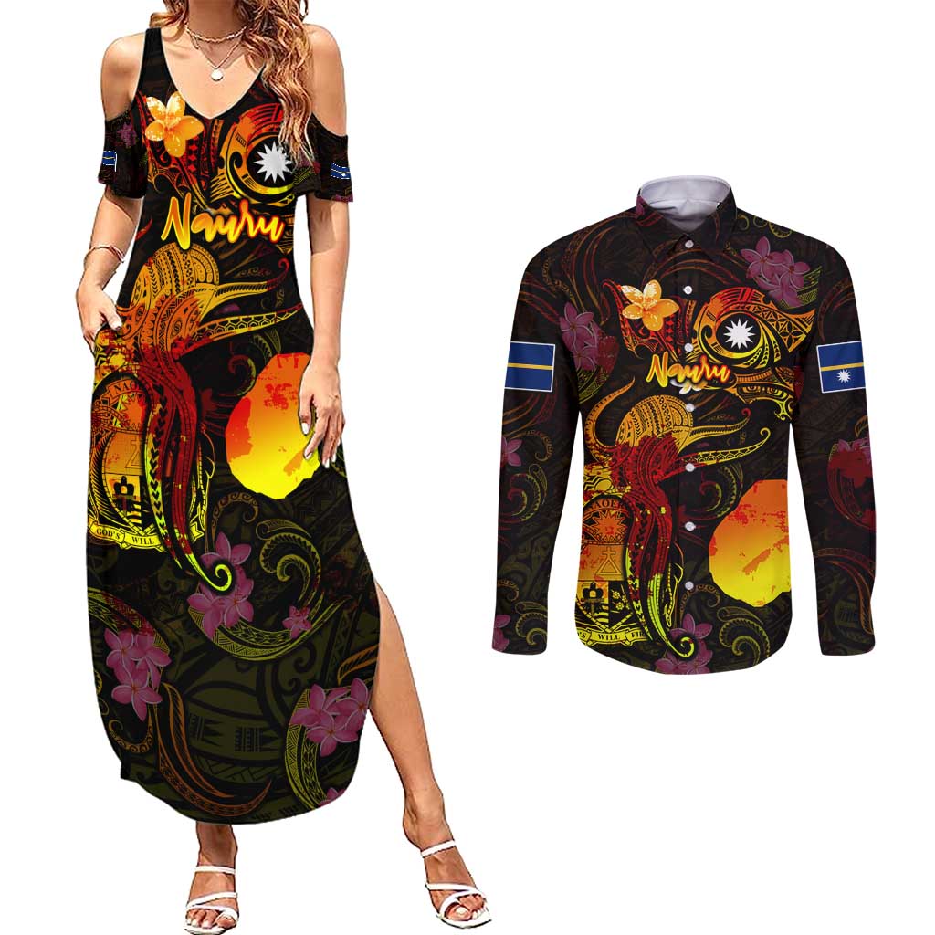 Nauru Couples Matching Summer Maxi Dress and Long Sleeve Button Shirt Octopus Plumeria Polynesian Tattoo DT02 Black - Polynesian Pride
