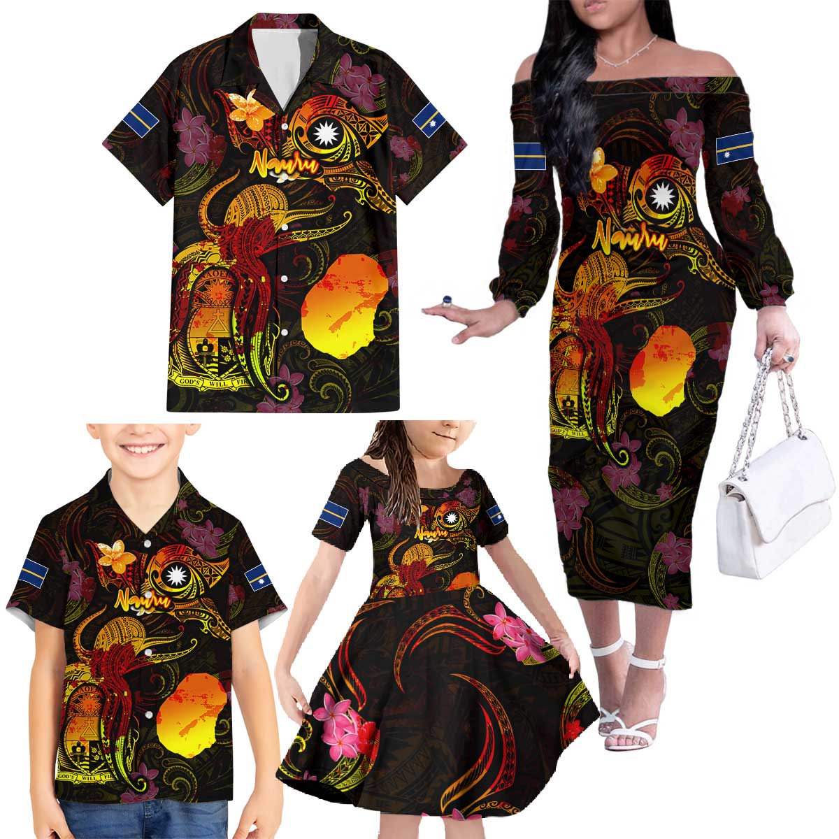 Nauru Family Matching Off The Shoulder Long Sleeve Dress and Hawaiian Shirt Octopus Plumeria Polynesian Tattoo