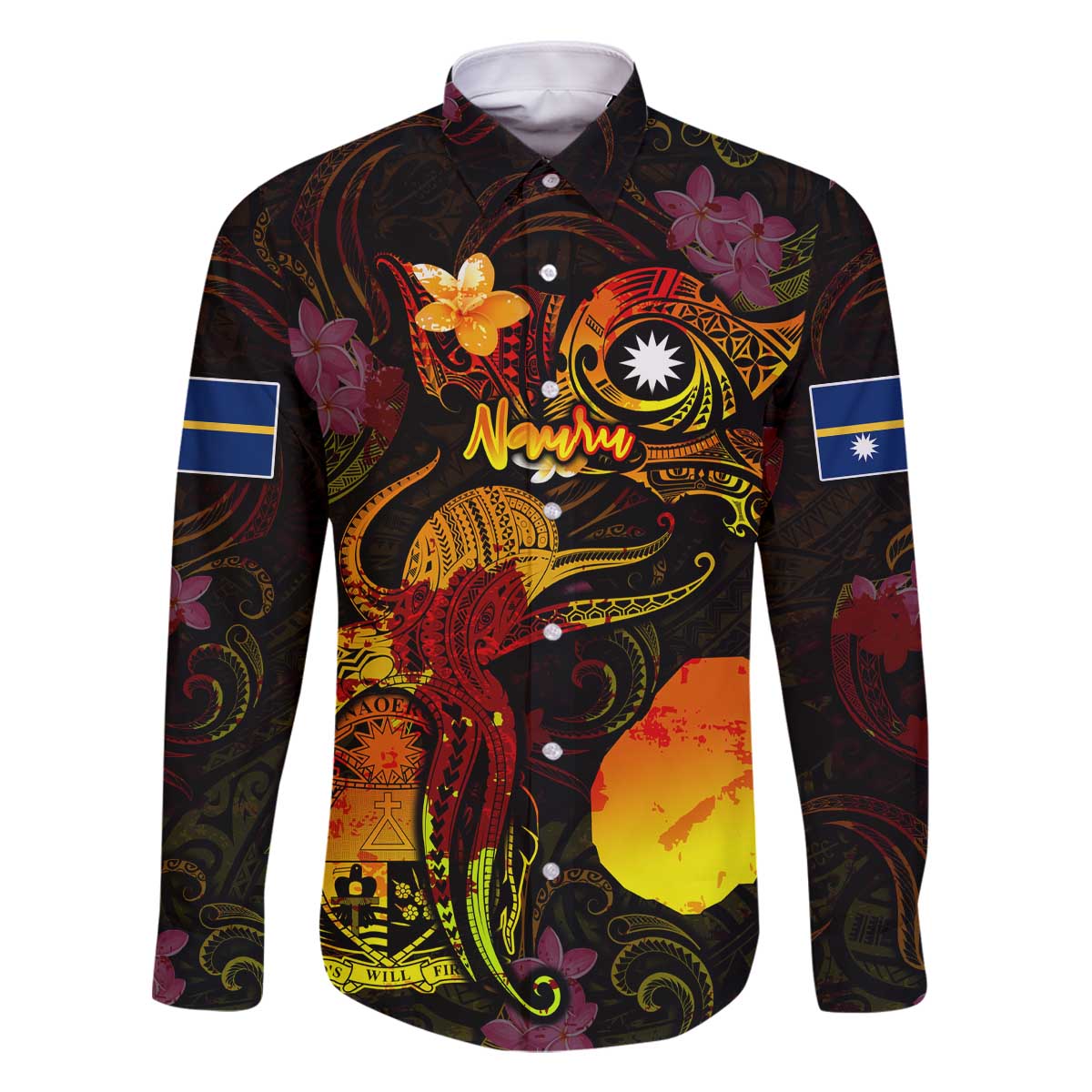 Nauru Family Matching Off The Shoulder Long Sleeve Dress and Hawaiian Shirt Octopus Plumeria Polynesian Tattoo