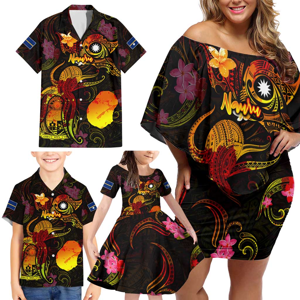 Nauru Family Matching Off Shoulder Short Dress and Hawaiian Shirt Octopus Plumeria Polynesian Tattoo