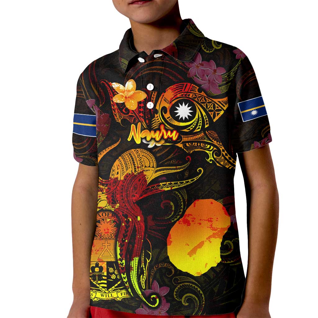 Nauru Kid Polo Shirt Octopus Plumeria Polynesian Tattoo DT02 Kid Black - Polynesian Pride