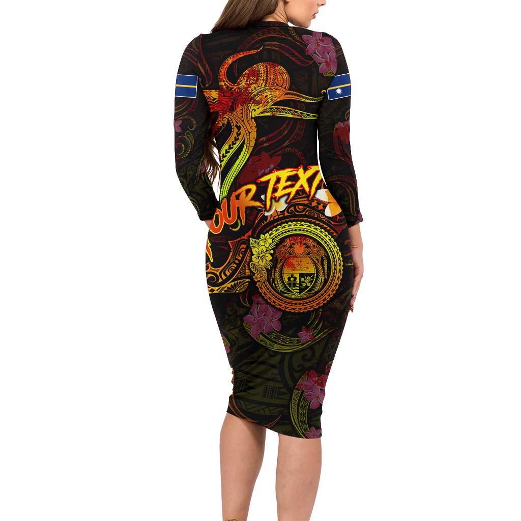 Nauru Long Sleeve Bodycon Dress Octopus Plumeria Polynesian Tattoo