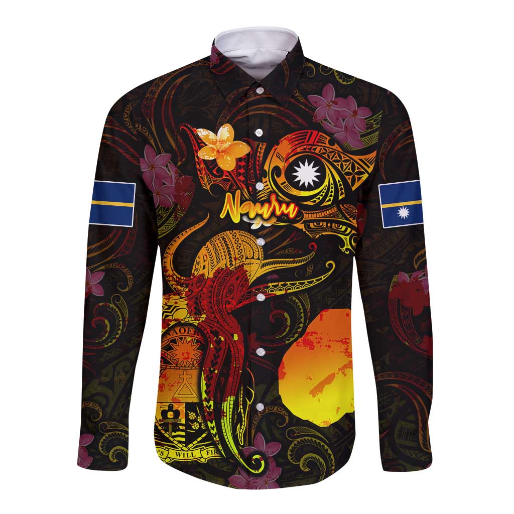 Nauru Long Sleeve Button Shirt Octopus Plumeria Polynesian Tattoo DT02 Unisex Black - Polynesian Pride